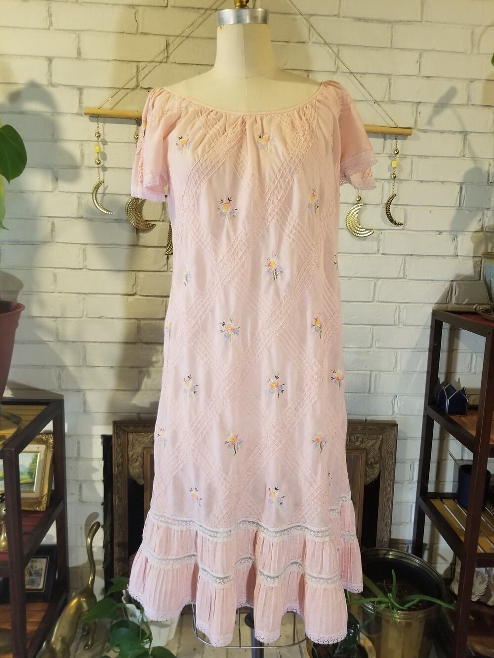 Vintage 70s Pink Drop Waist Dress | Pastel Floral Cross Stitch & Pintucks (S)